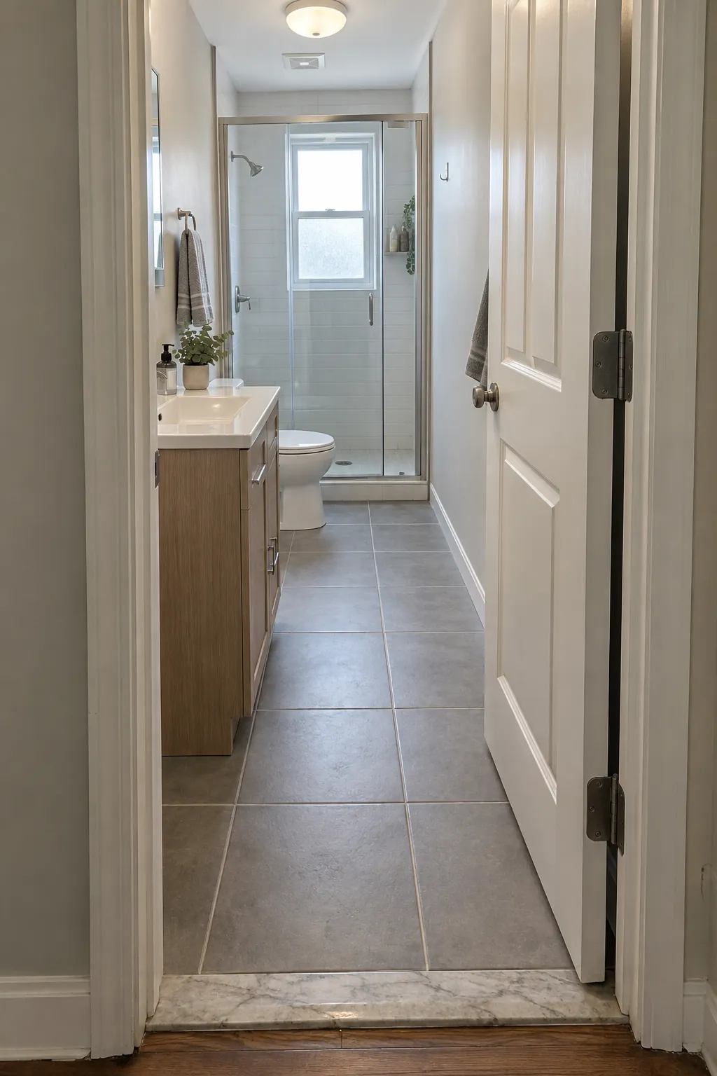 Small bathroom entrance with a door that clears the vanity and walking path