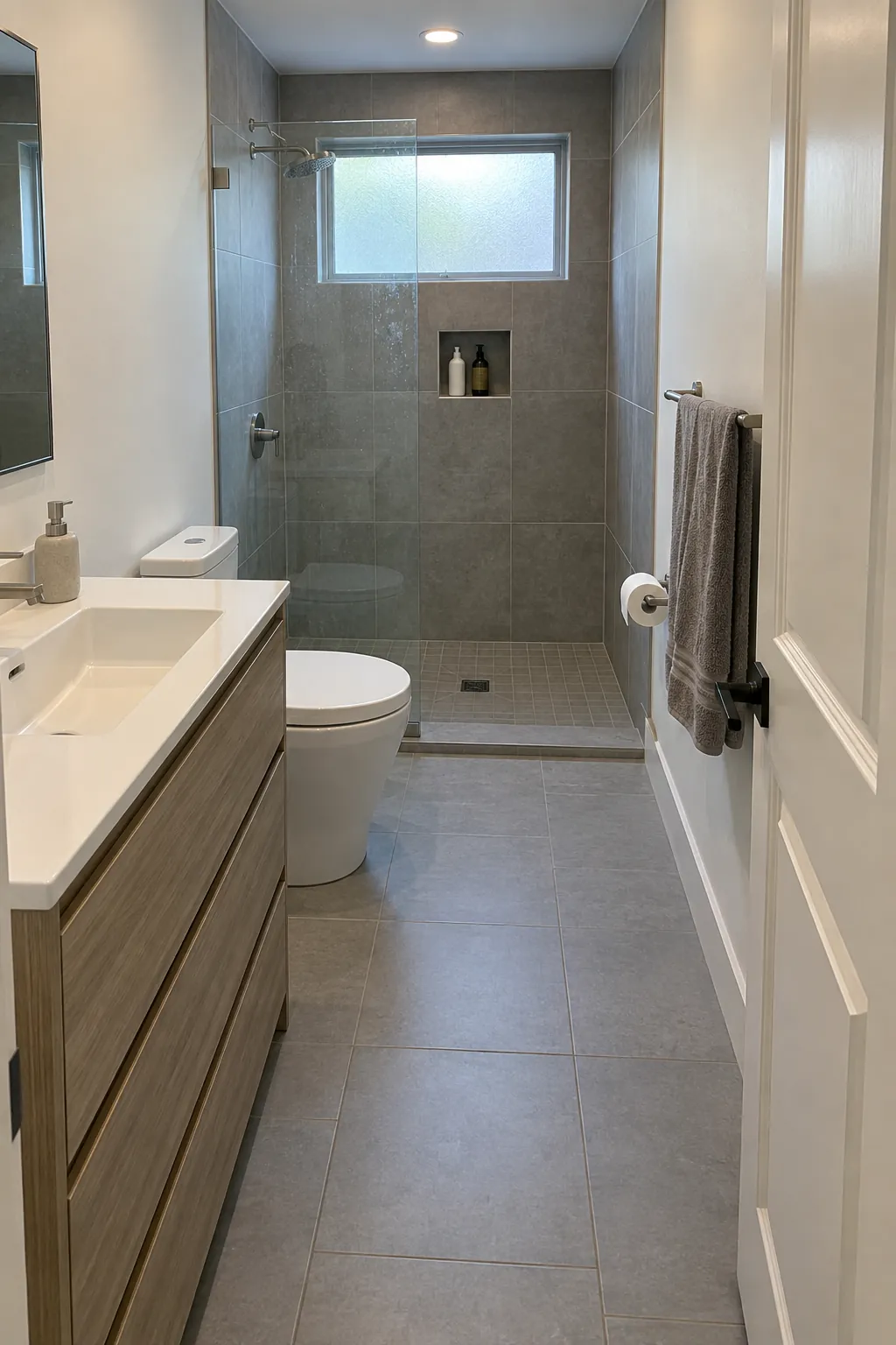 Narrow bathroom with a shower across the far end and a dry walking route