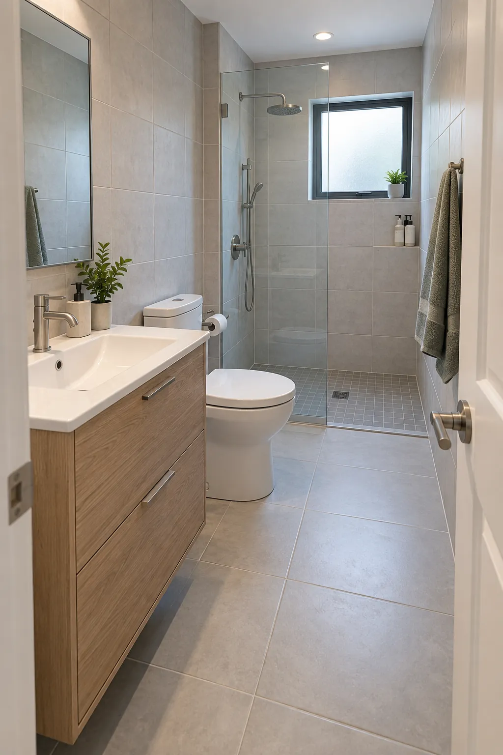 Compact bathroom with clear path between vanity toilet and shower