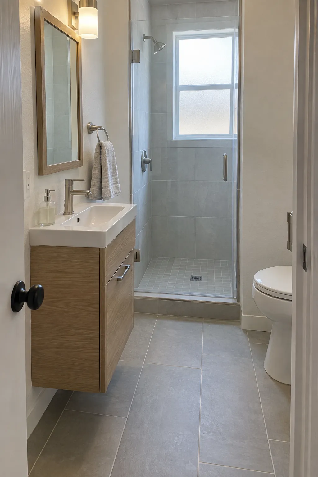 Shallow bathroom vanity preserving circulation beside the shower