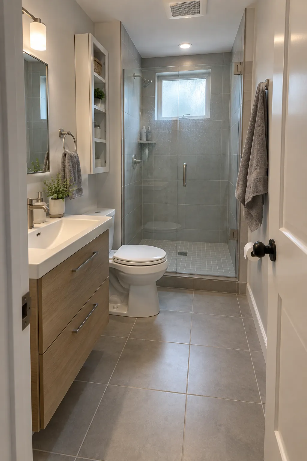 Completed small bathroom with a clear route to sink toilet and shower