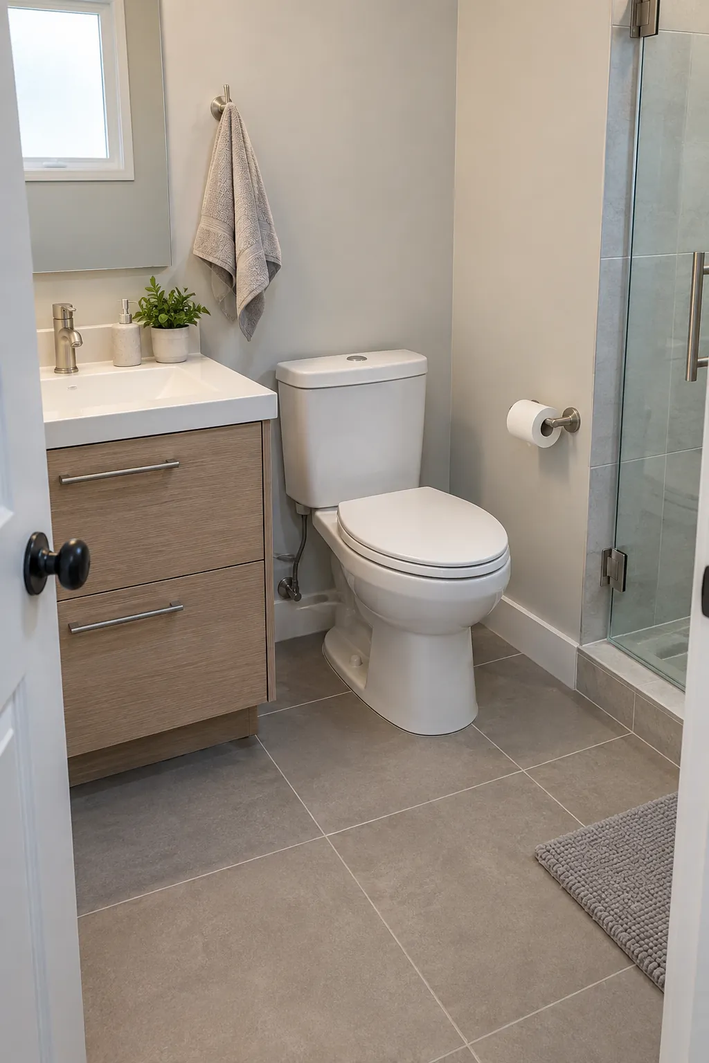 Small bathroom toilet with comfortable space beside a compact vanity