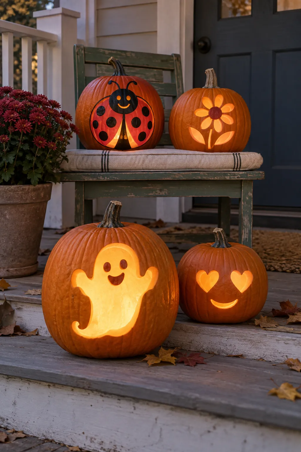 Four friendly cute pumpkin carvings arranged on a porch
