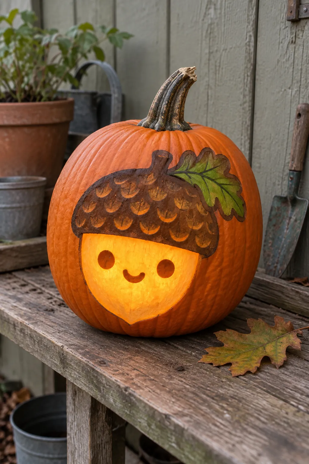 Leafy Acorn Friend cute pumpkin carving idea