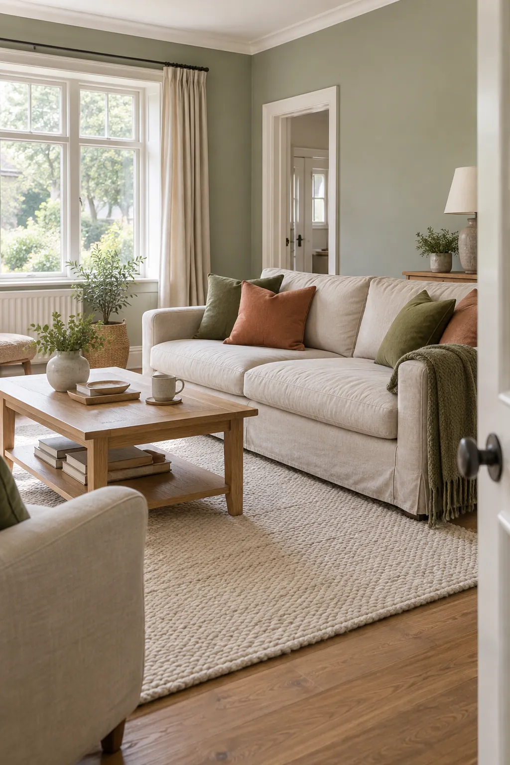 Balanced sage and oatmeal living room colour combination