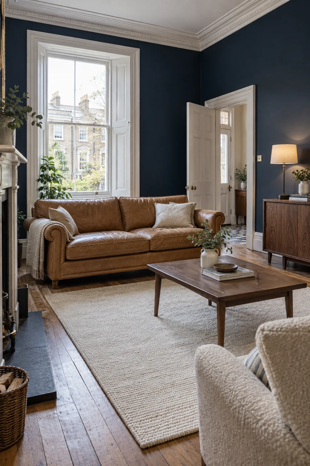 Deep Navy and Camel living room colour scheme with coordinated walls and seating