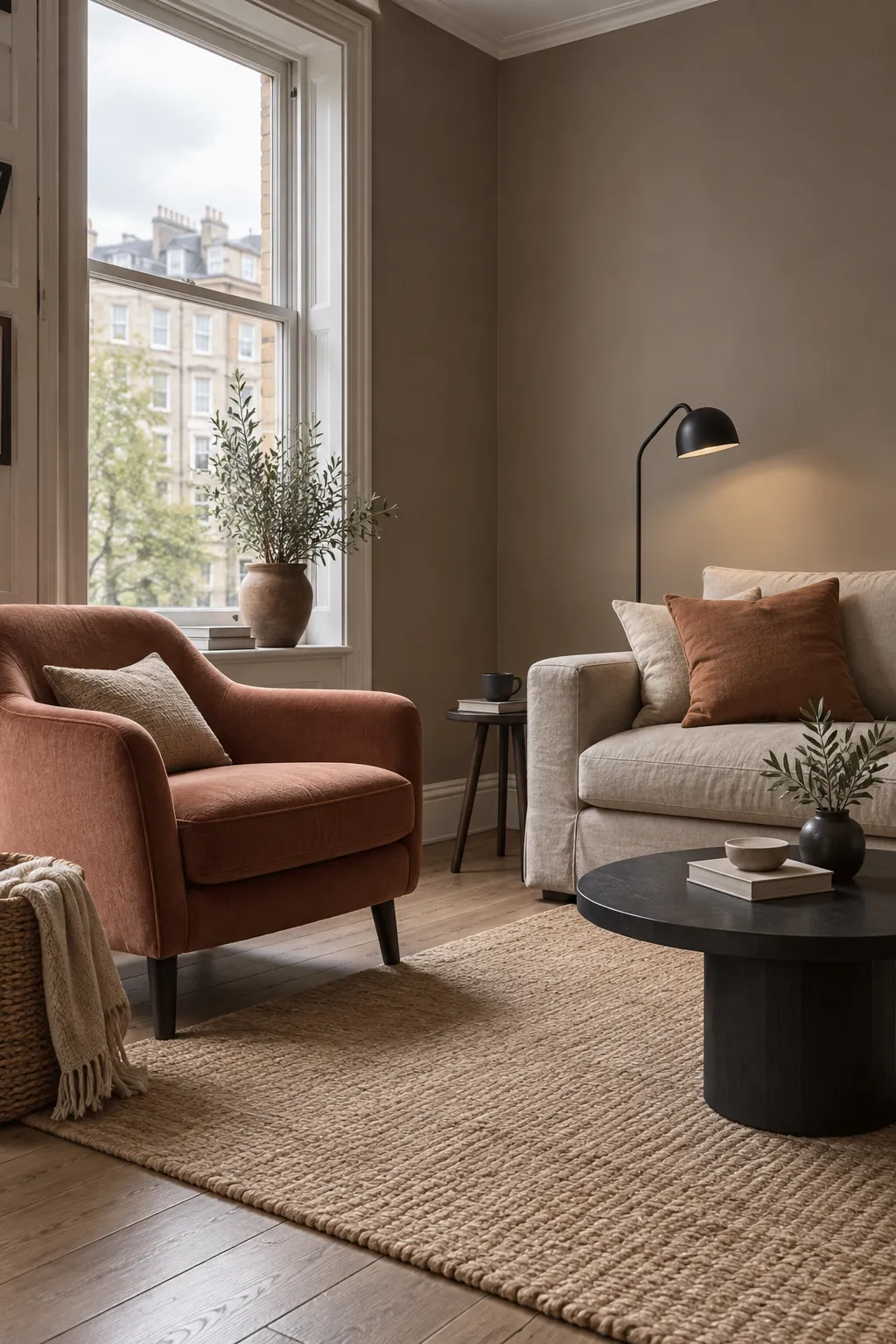 Taupe and Terracotta living room colour scheme with coordinated walls and seating