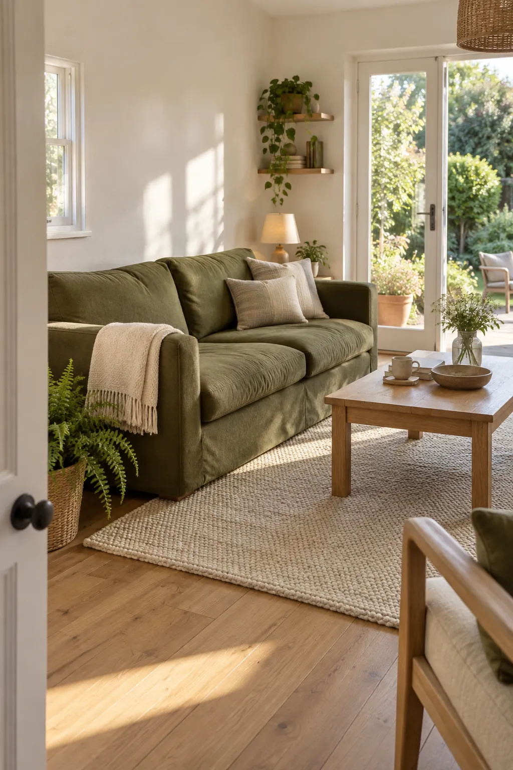 Warm White and Olive Green living room colour scheme with coordinated walls and seating