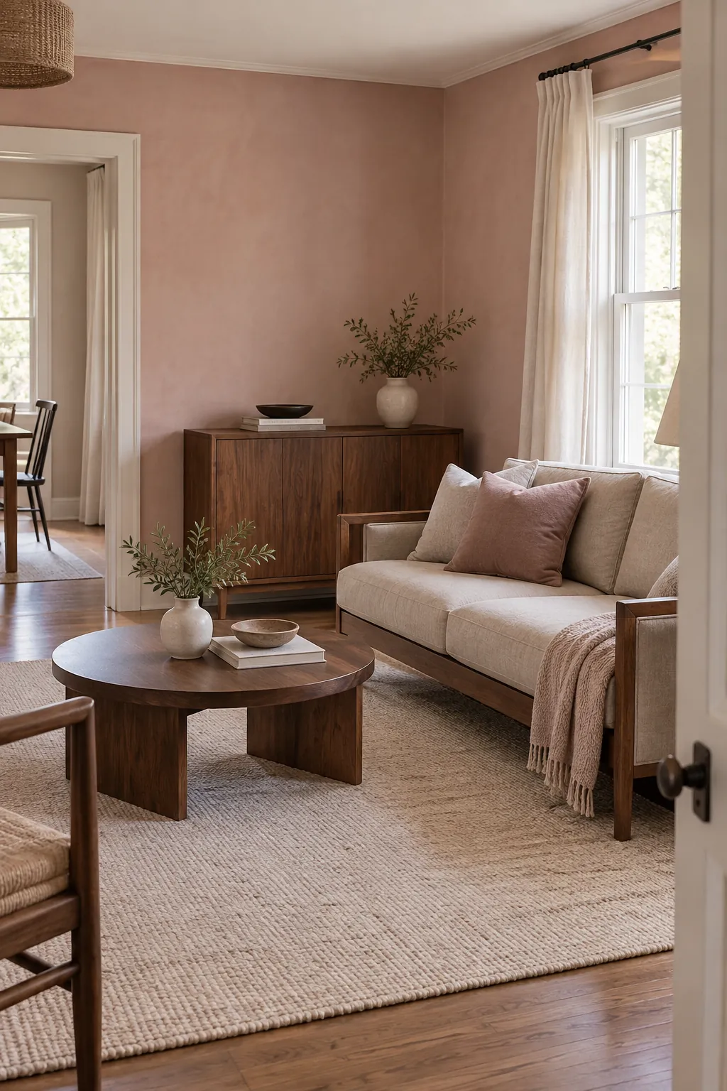 Dusty Blush and Walnut living room colour scheme with coordinated walls and seating