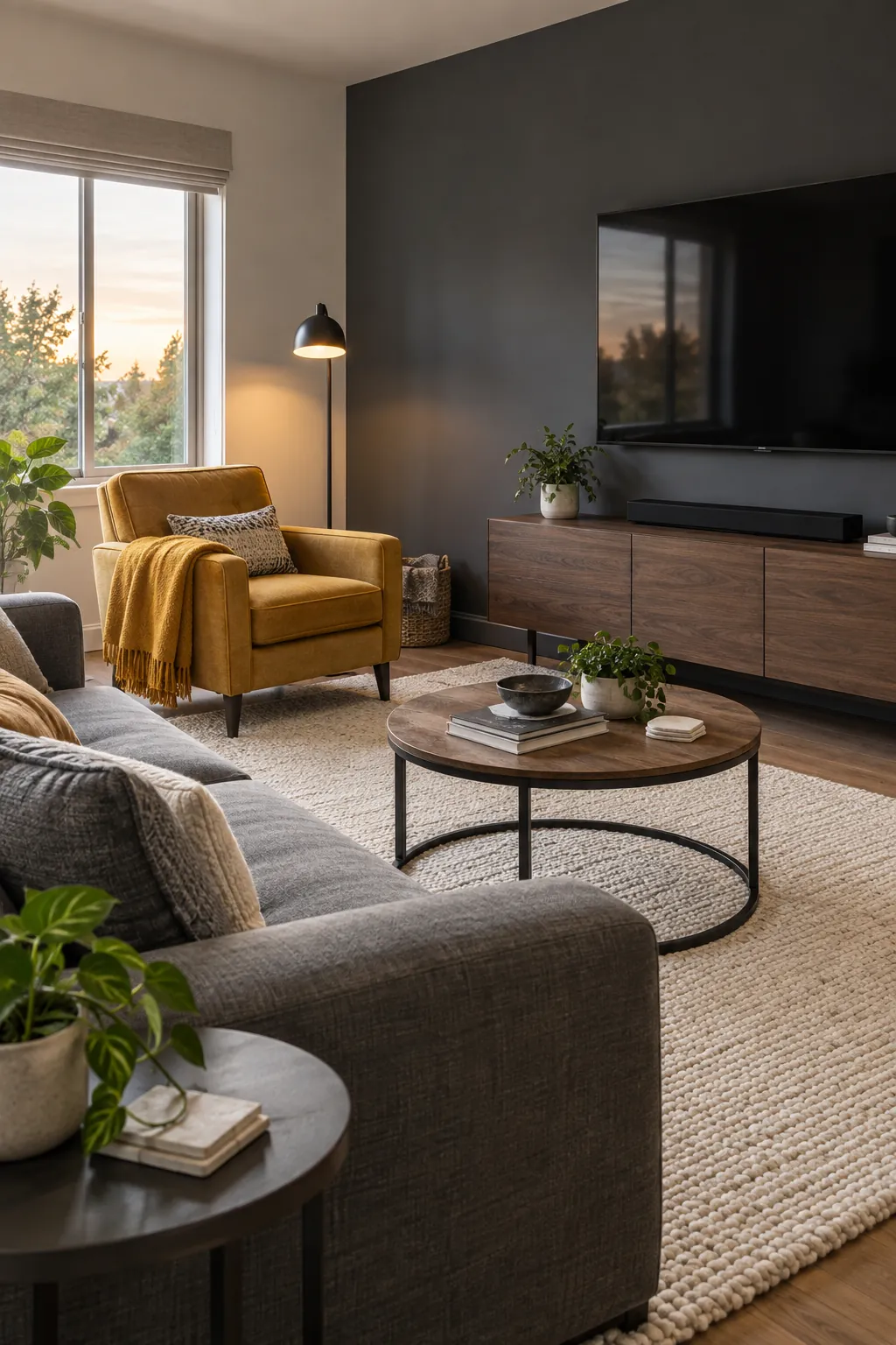 Charcoal and Muted Mustard living room colour scheme with coordinated walls and seating