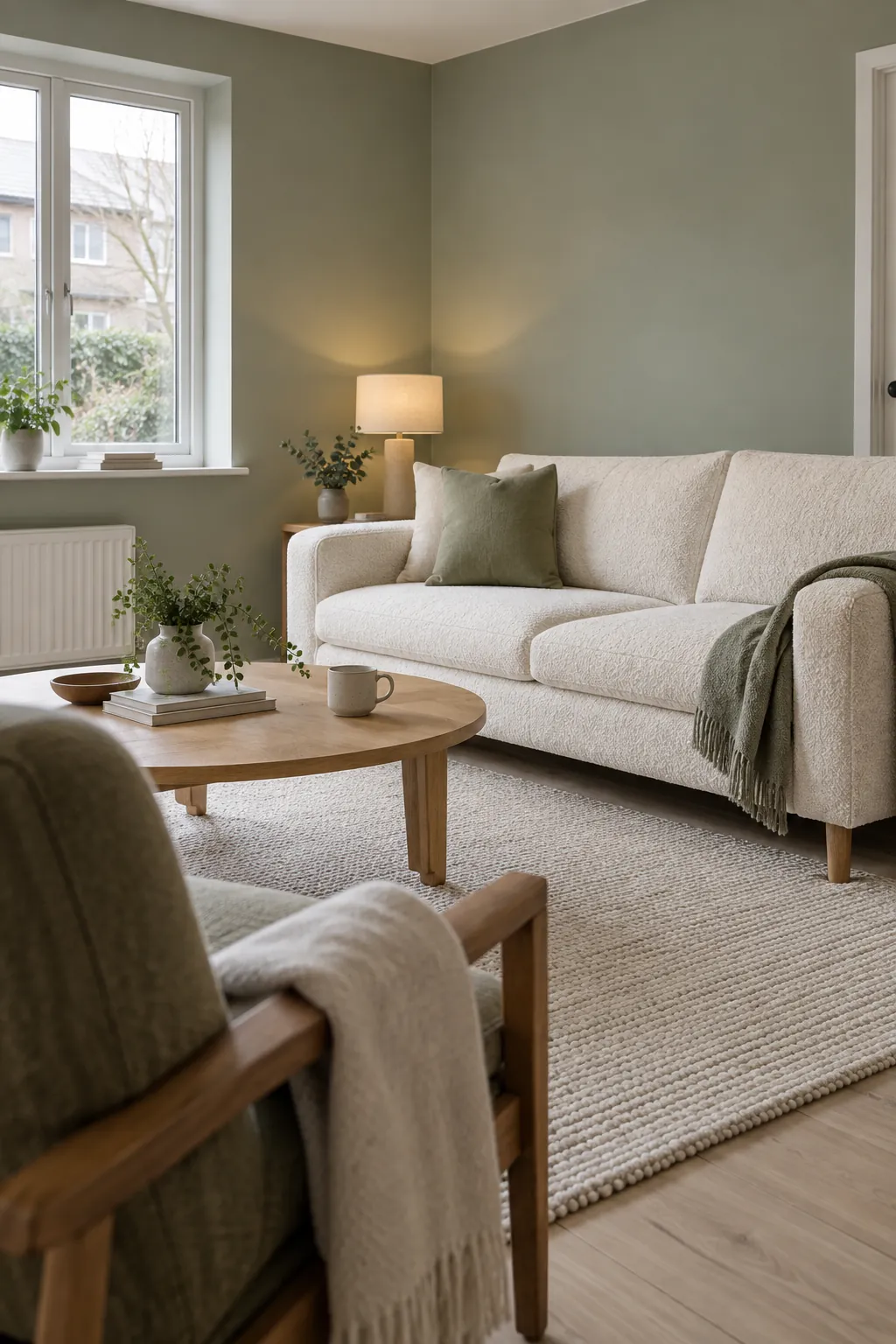 Soft Sage and Cream living room colour scheme with coordinated walls and seating