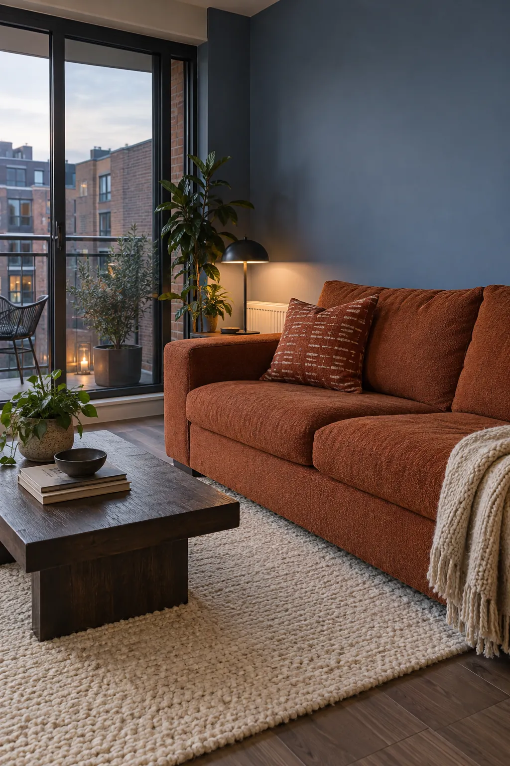 Rust and Slate Blue living room colour scheme with coordinated walls and seating