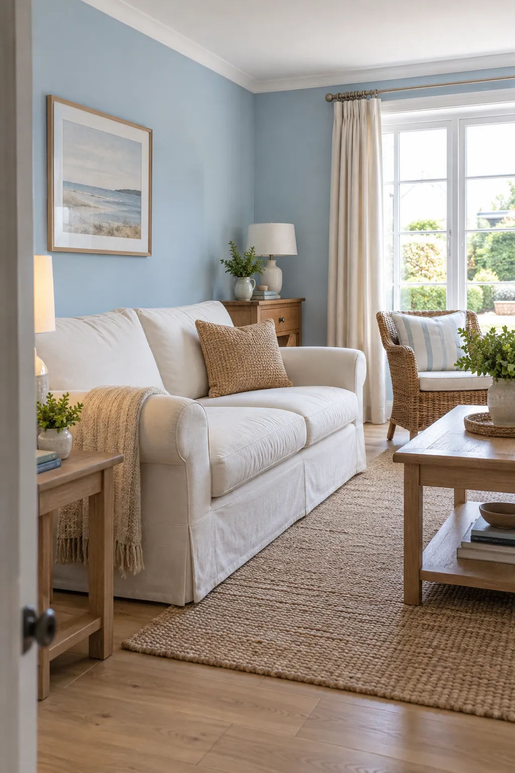 Pale Blue and Warm Ivory living room colour scheme with coordinated walls and seating