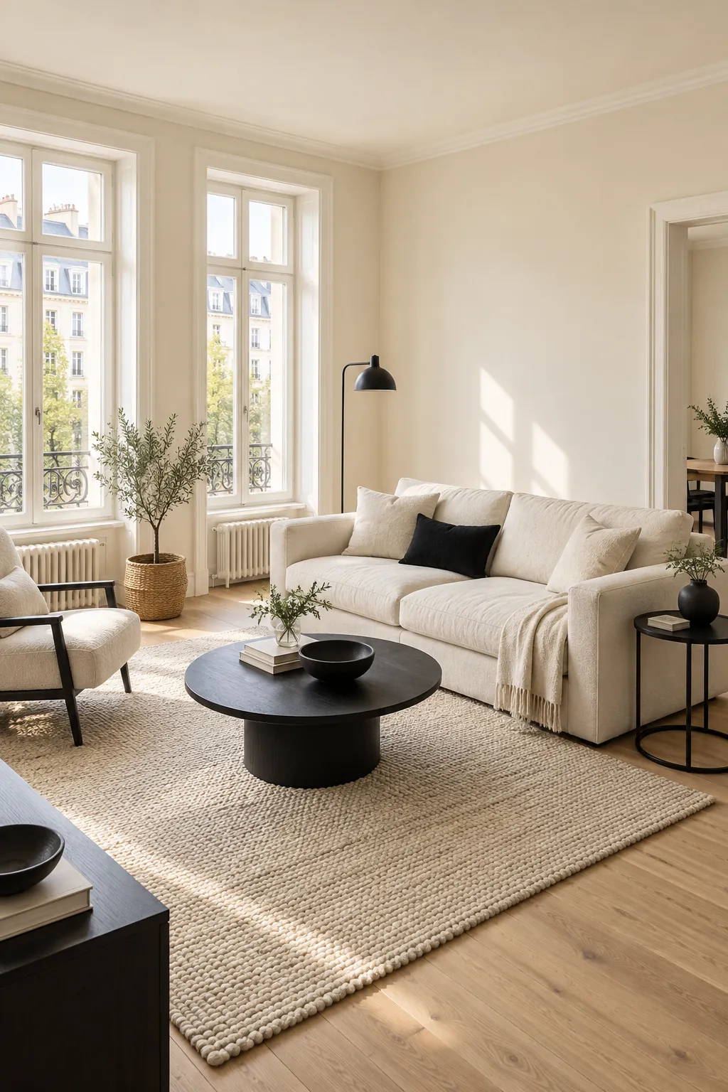 Cream and Matte Black living room colour scheme with coordinated walls and seating