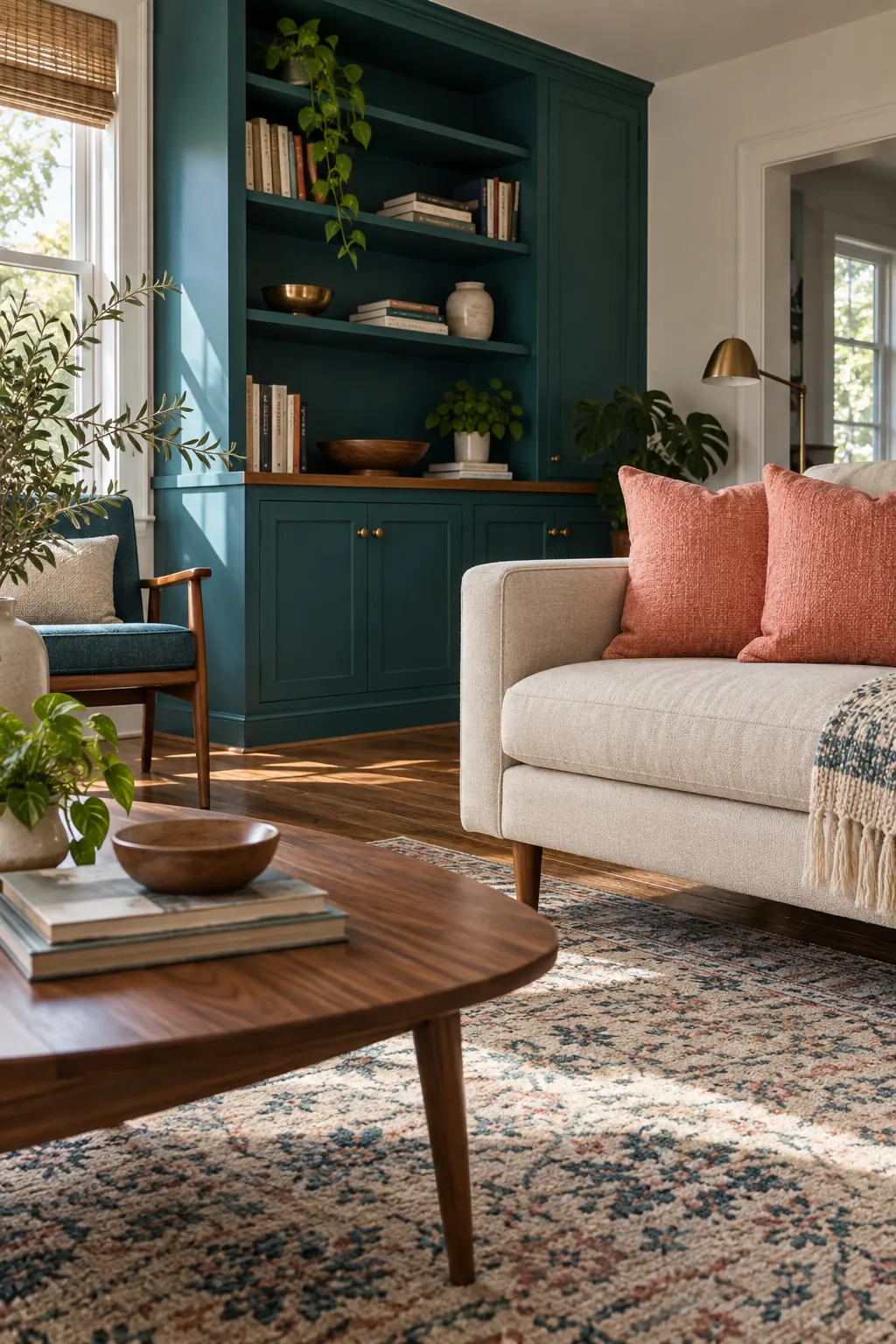 Teal and Soft Coral living room colour scheme with coordinated walls and seating