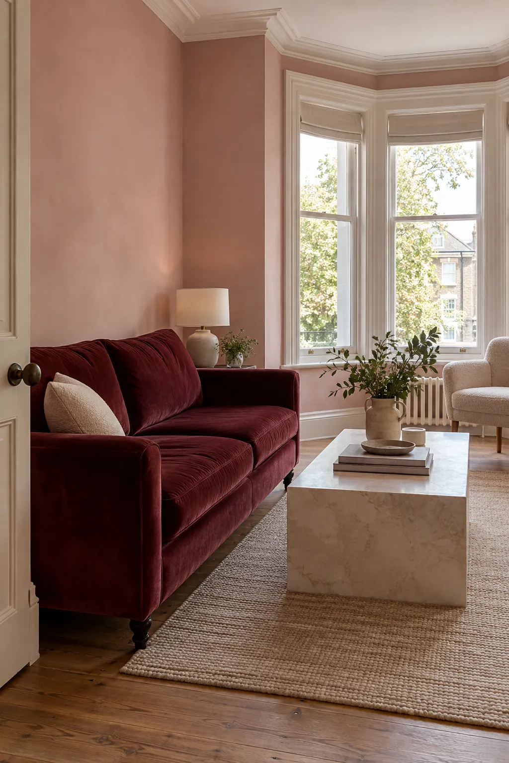 Plaster Pink and Burgundy living room colour scheme with coordinated walls and seating