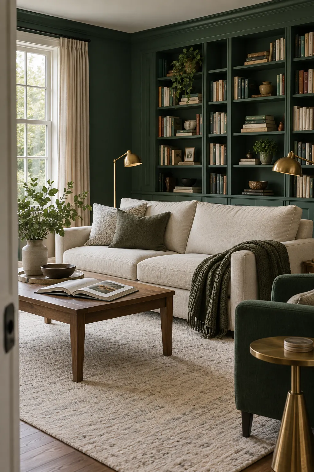 Forest Green and Aged Brass living room colour scheme with coordinated walls and seating