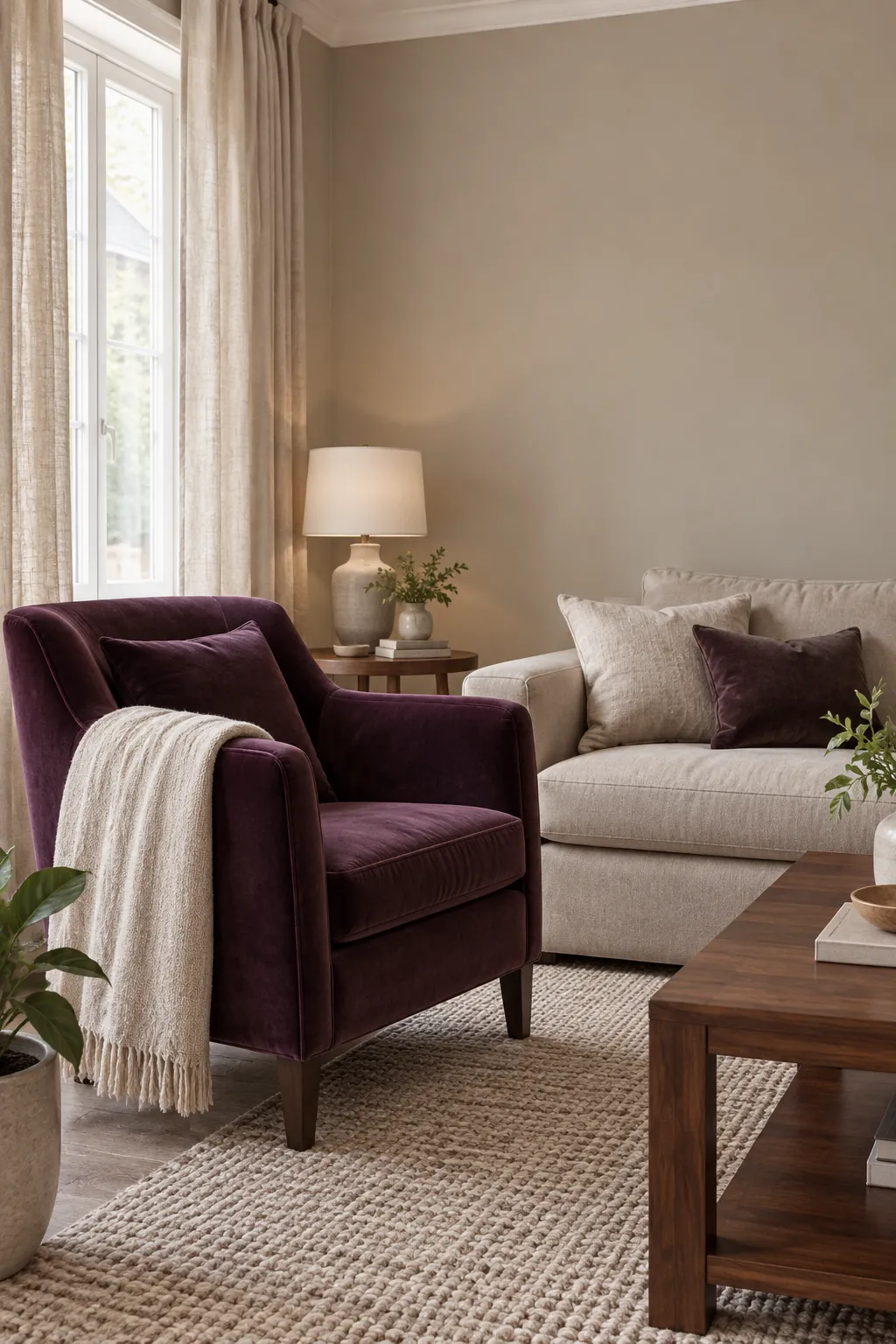 Greige and Aubergine living room colour scheme with coordinated walls and seating