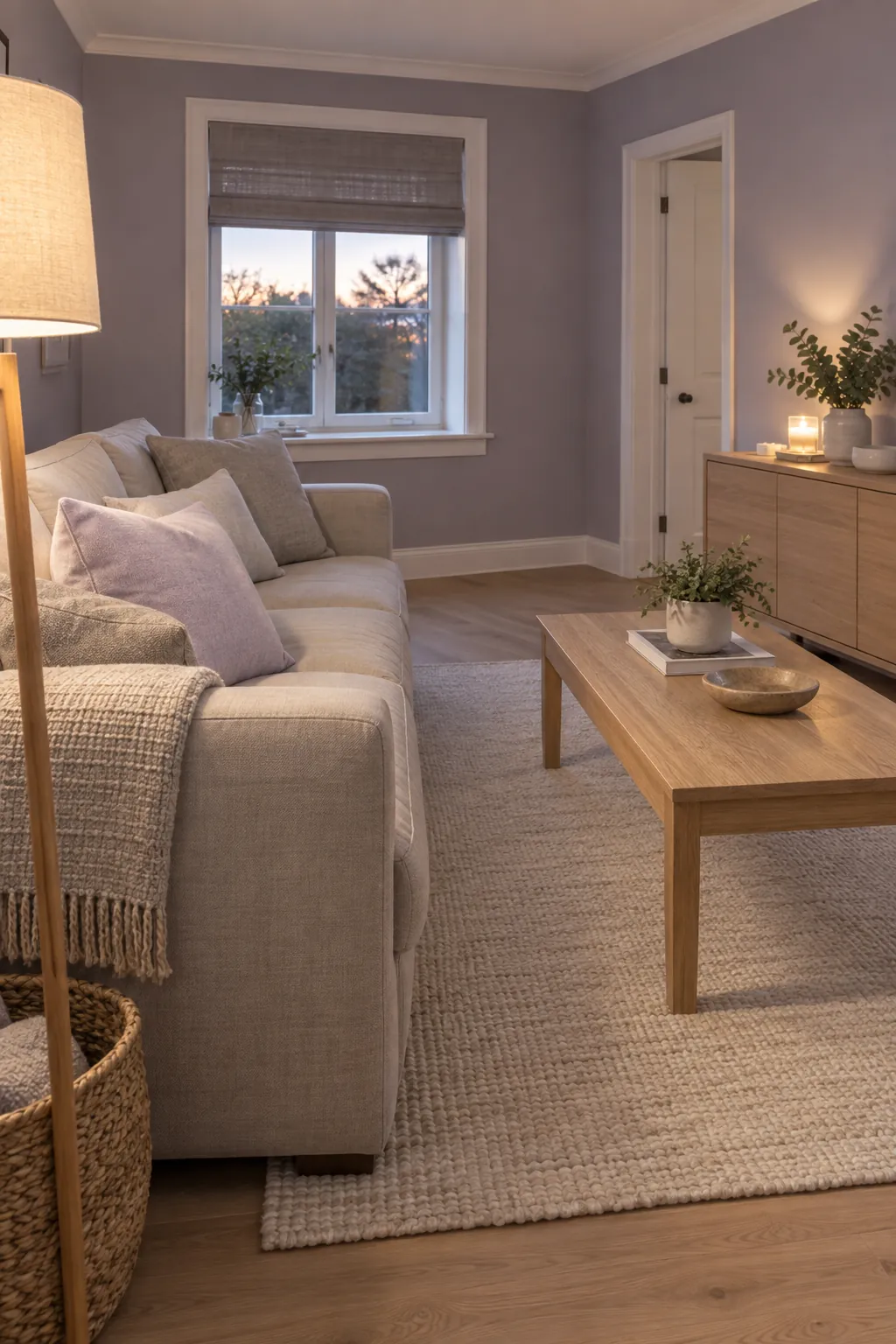 Lavender Gray and Light Oak living room colour scheme with coordinated walls and seating