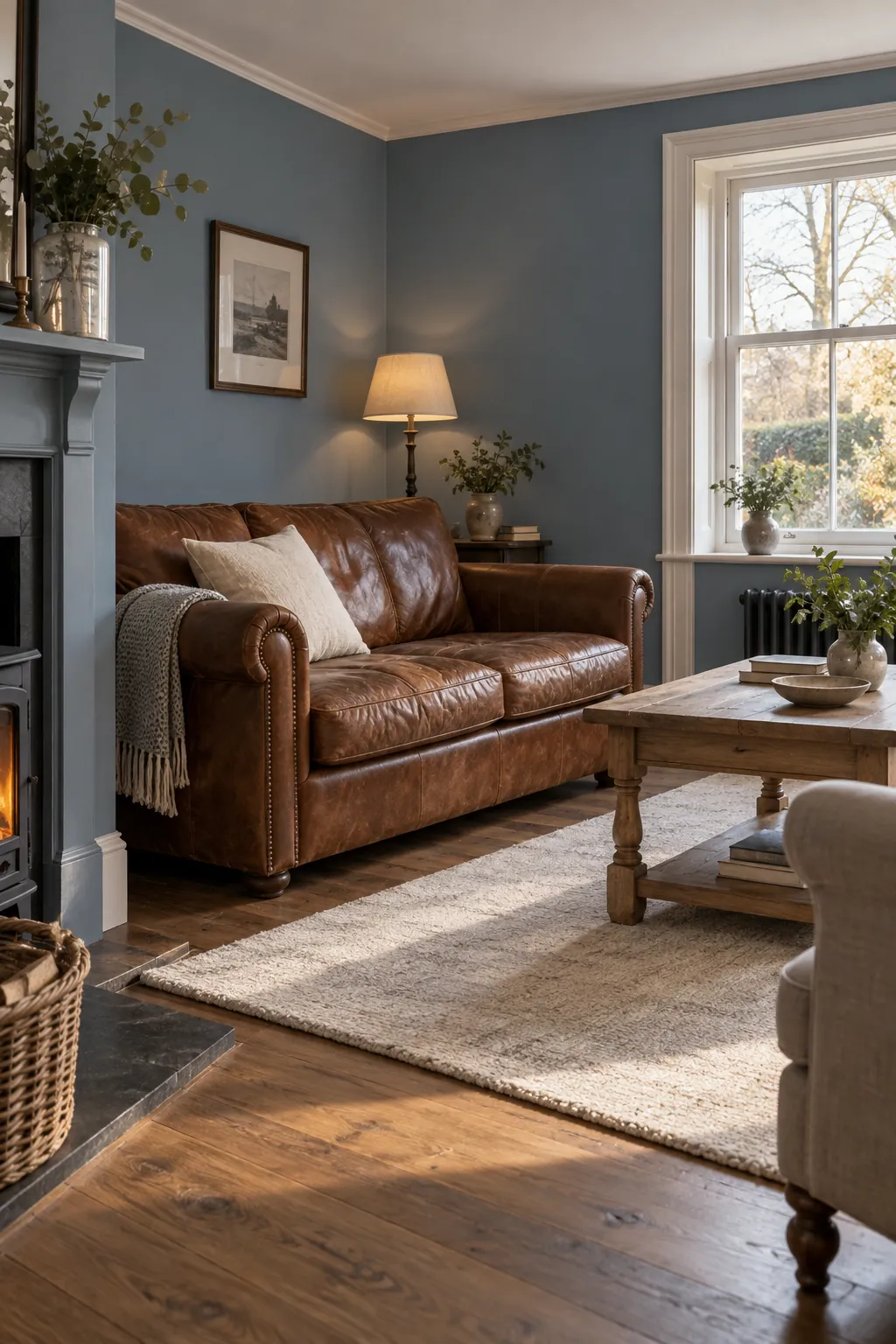 Dusty Blue and Tobacco Brown living room colour scheme with coordinated walls and seating