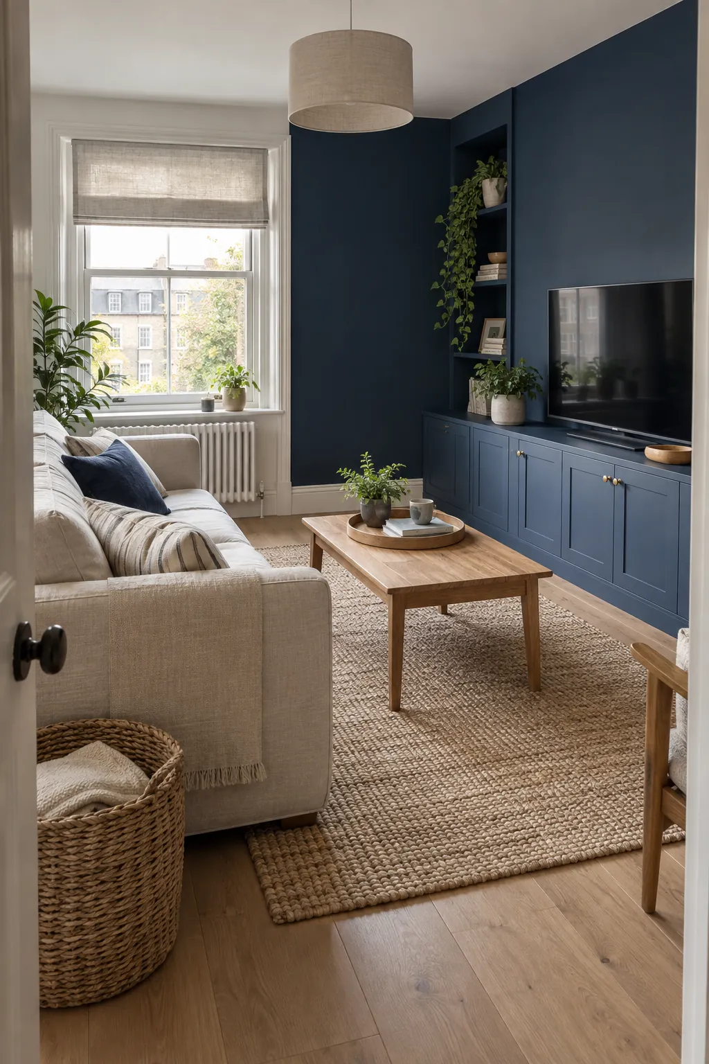 Indigo and Natural Linen living room colour scheme with coordinated walls and seating