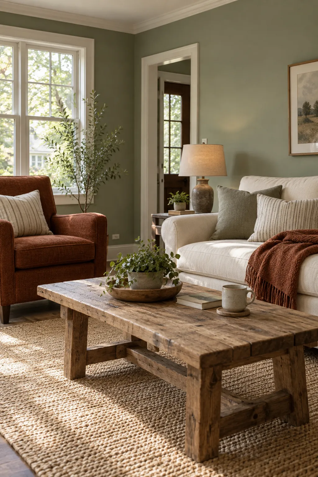 Burnt Sienna and Sage living room colour scheme with coordinated walls and seating