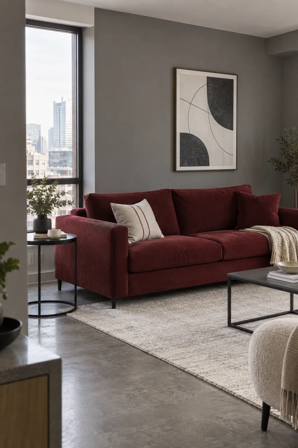 Stone Gray and Wine Red living room colour scheme with coordinated walls and seating