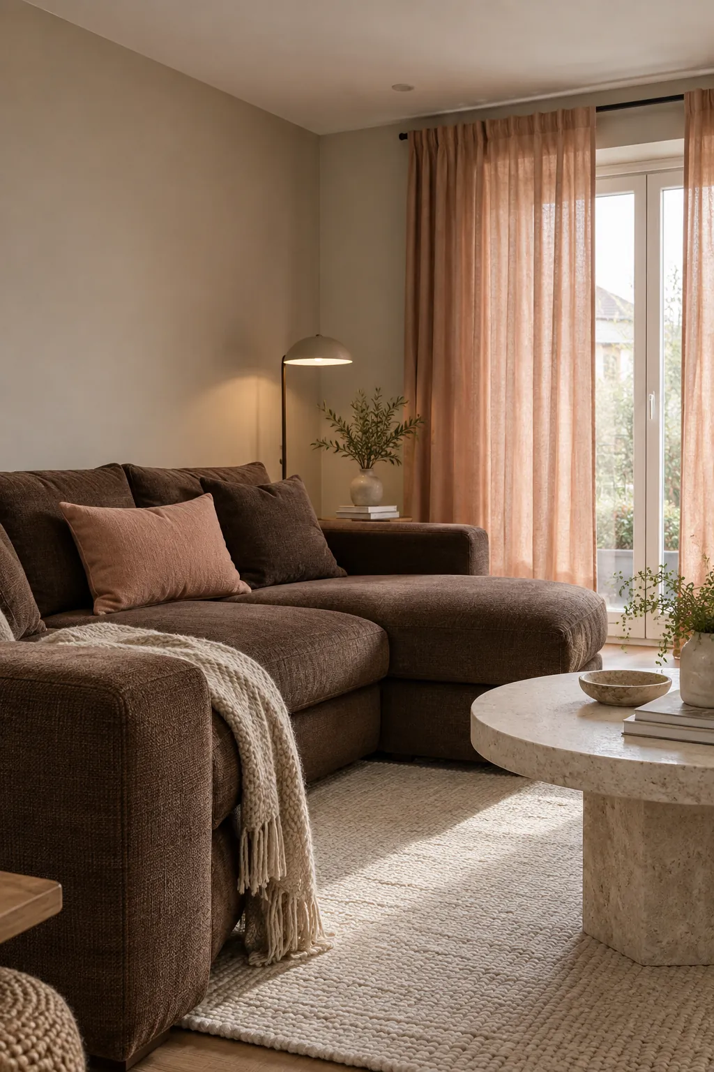 Cocoa and Peach living room colour scheme with coordinated walls and seating