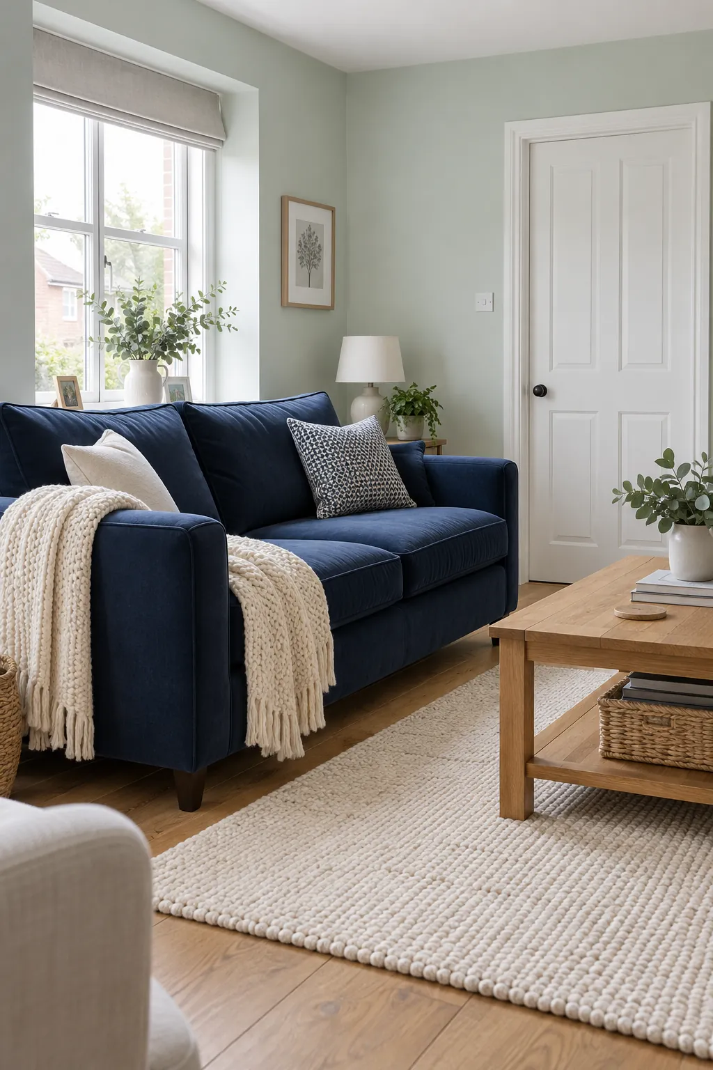Pale Mint and Midnight Blue living room colour scheme with coordinated walls and seating