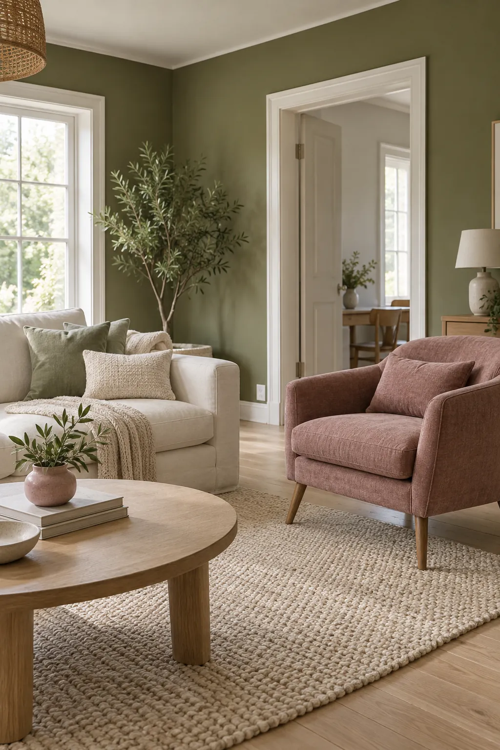 Olive and Antique Rose living room colour scheme with coordinated walls and seating