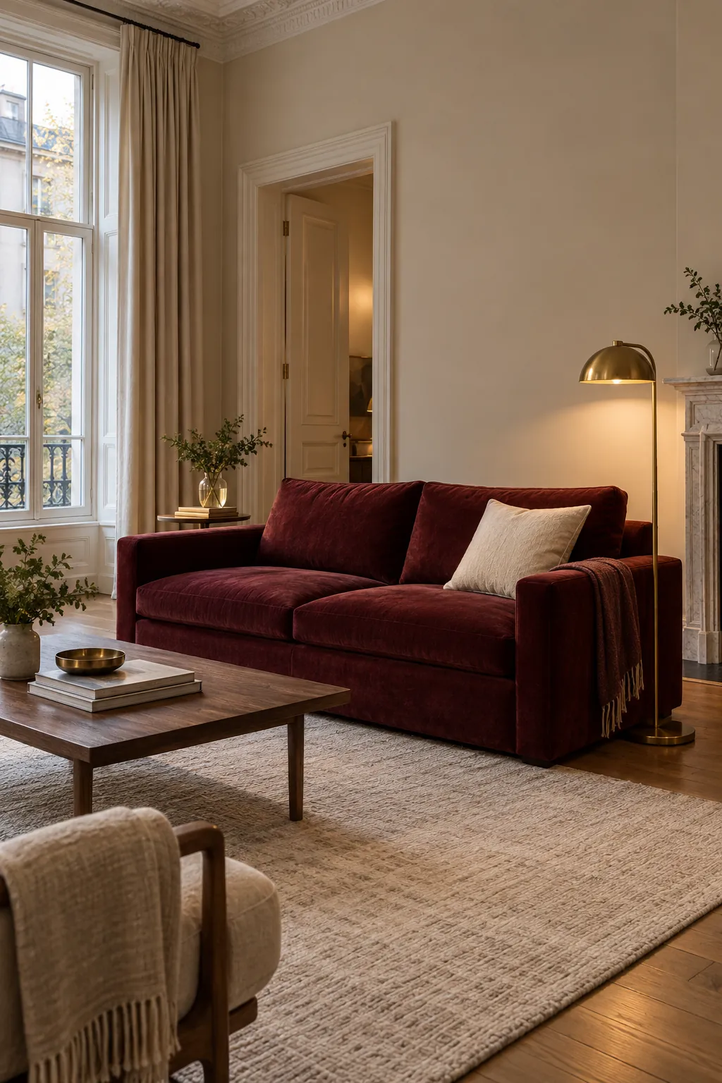 Oxblood and Oatmeal living room colour scheme with coordinated walls and seating