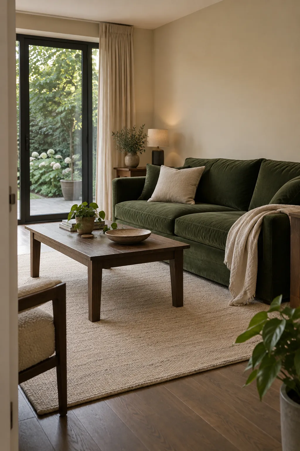 Sand and Deep Moss living room colour scheme with coordinated walls and seating