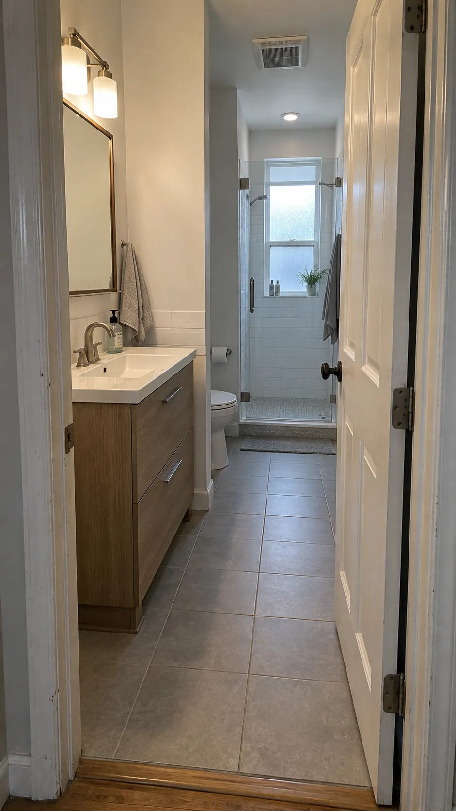 Small bathroom doorway view with toilet screened by vanity position