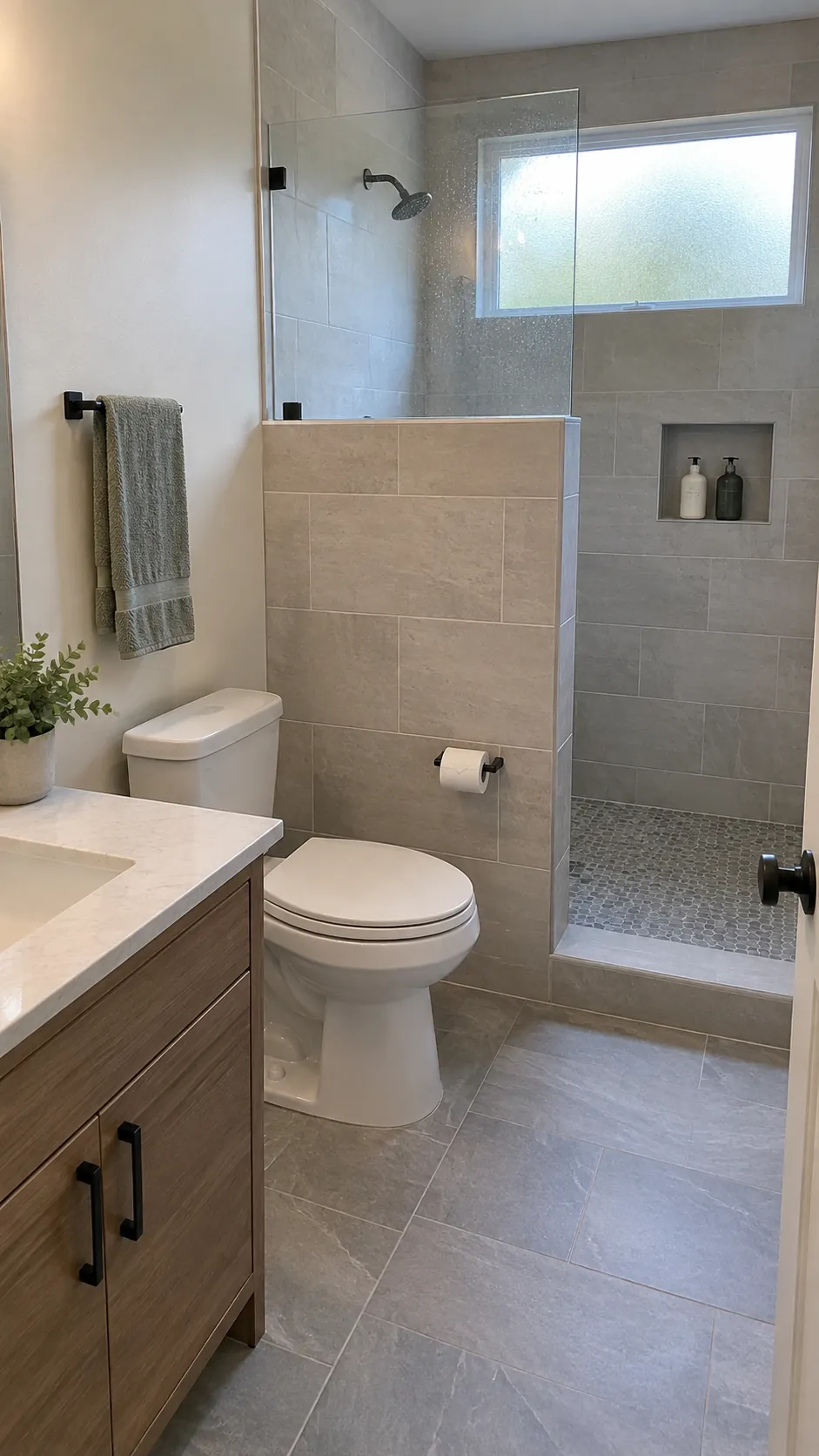 Short solid half wall separating toilet from a compact shower area