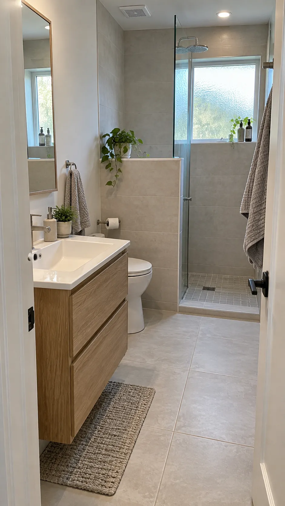Small bathroom with a discreet toilet partly screened from the doorway