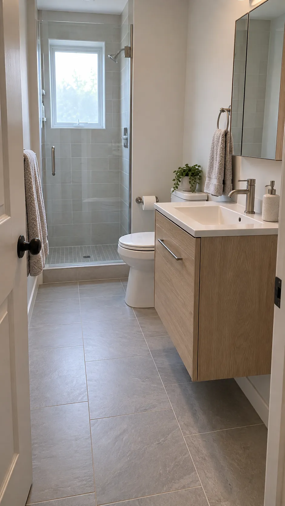 Compact vanity partly shielding a toilet from the bathroom entrance