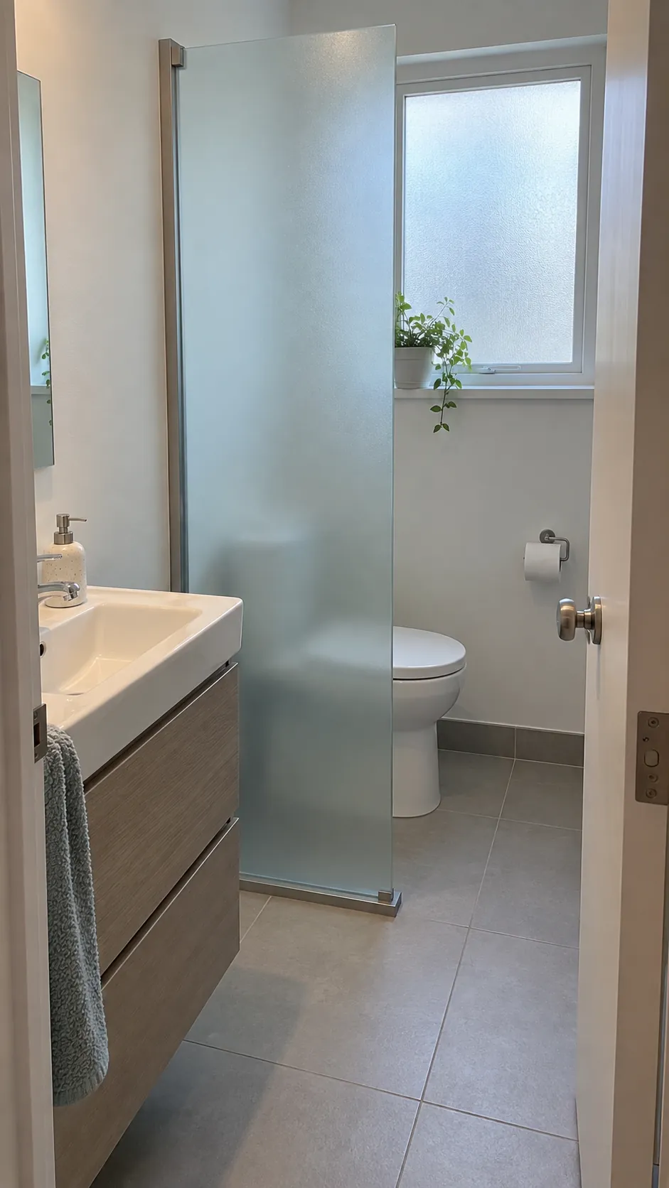 Frosted glass partition diffusing light beside a small bathroom toilet