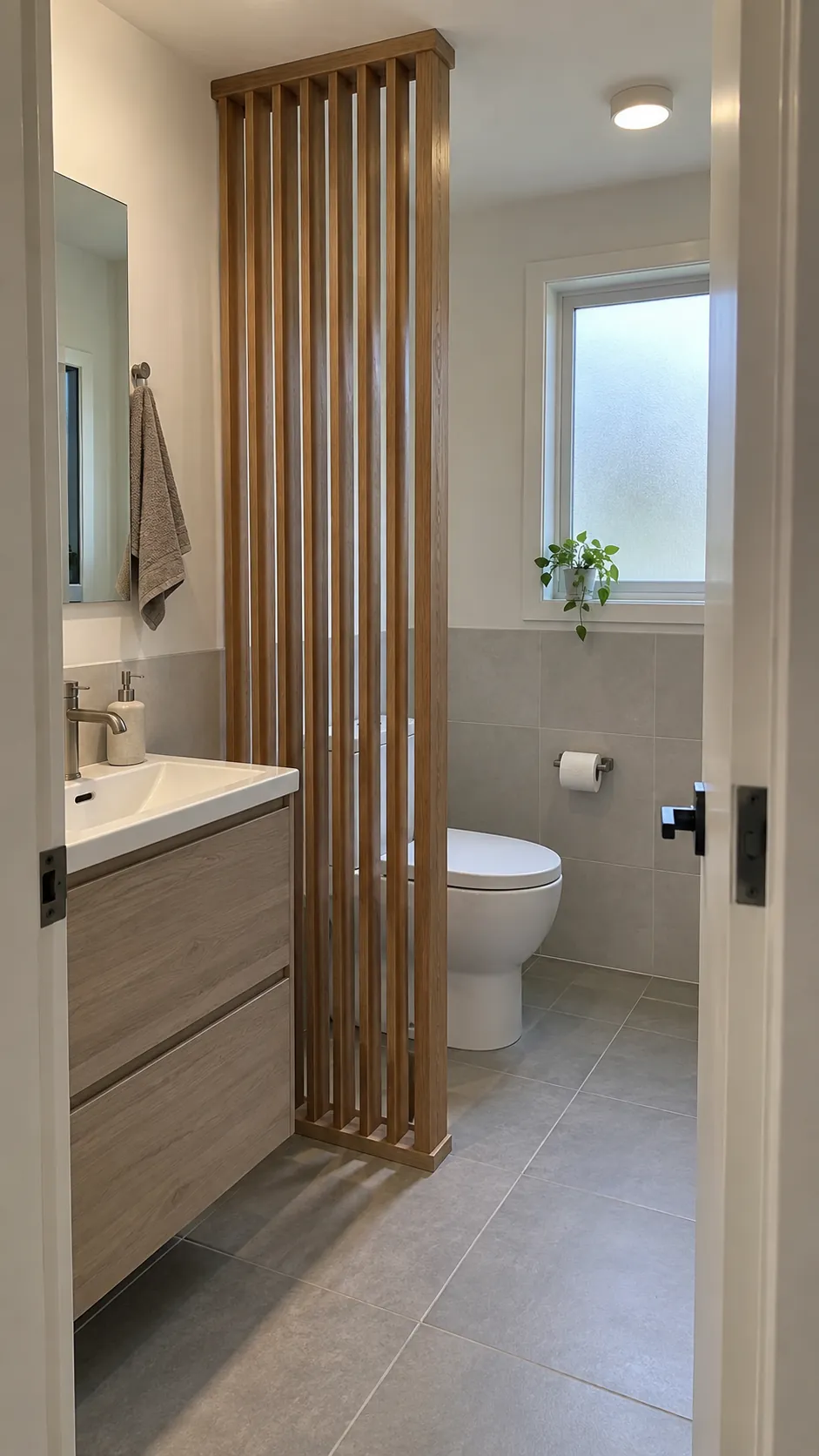 Secure slatted divider interrupting a direct view of the toilet
