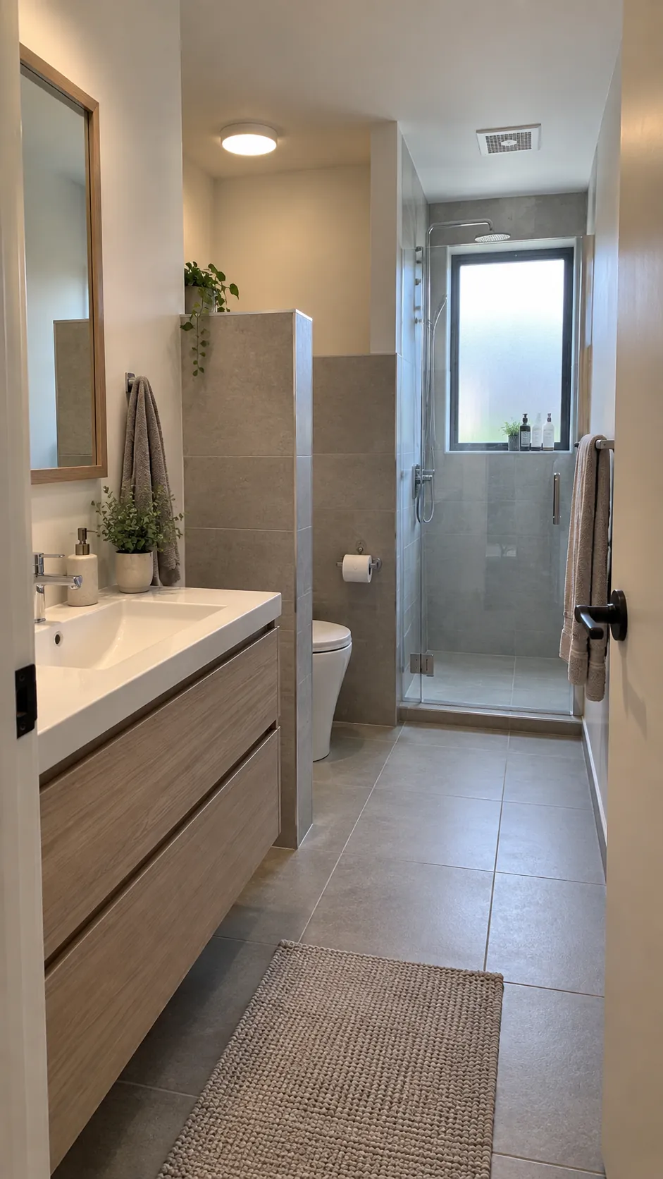 Small bathroom with a usable partly screened toilet nook