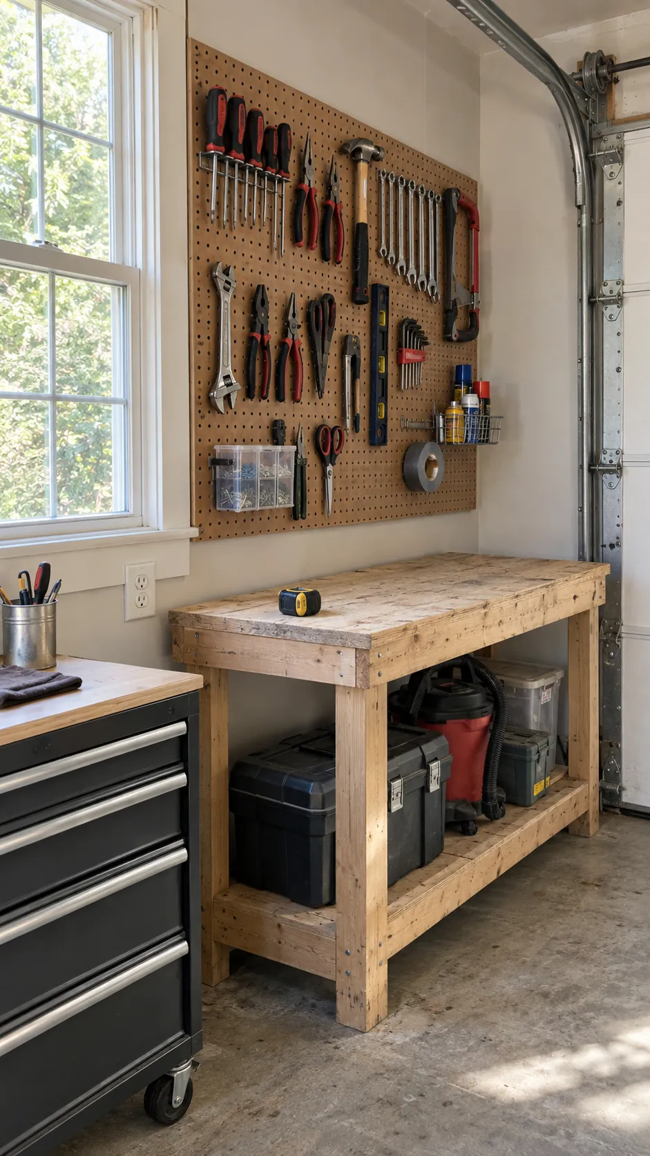 Pegboard Above a Compact Workbench in an organized home garage