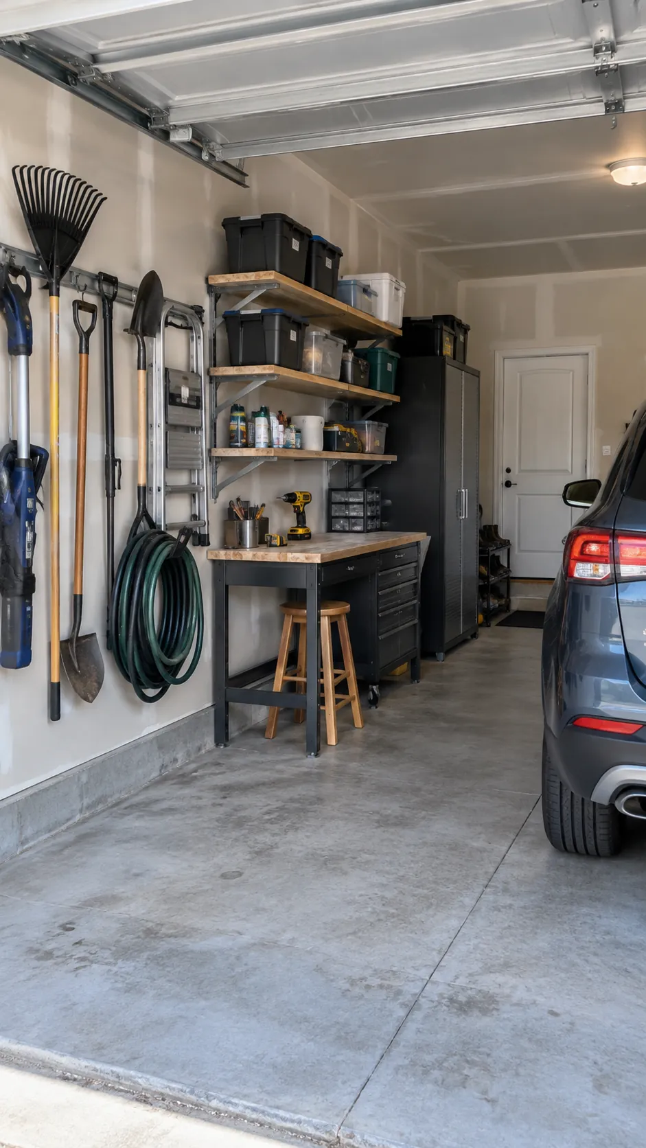 Organized garage storage wall with clear parking and work zones