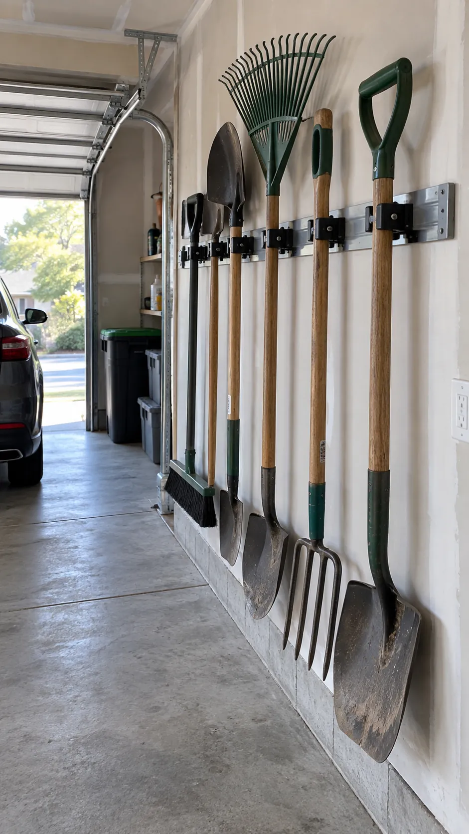Wall Rail for Long Hand Tools in an organized home garage