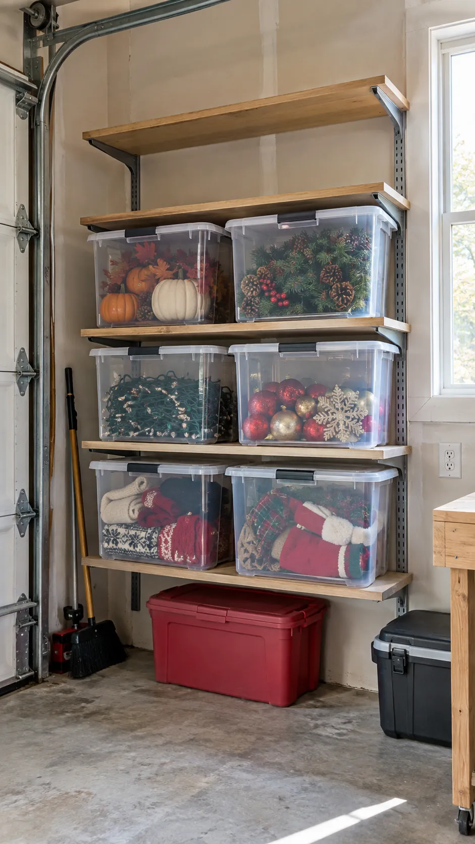 Clear Bins for Seasonal Gear in an organized home garage