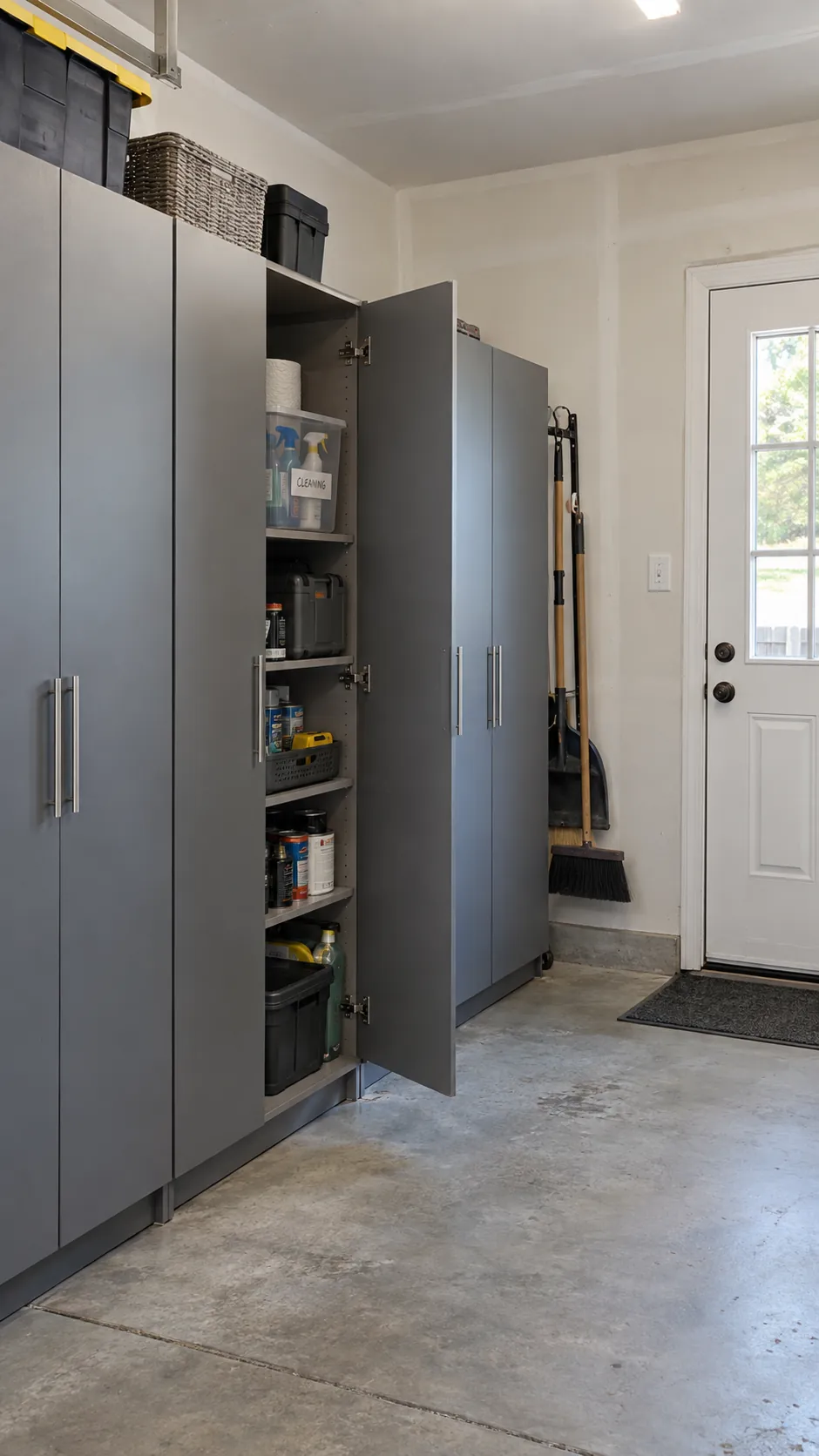 Closed Cabinets for Messy Supplies in an organized home garage