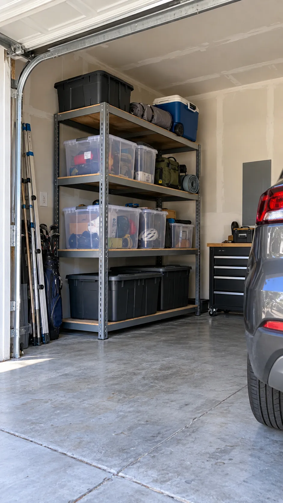 Heavy Duty Freestanding Shelves in an organized home garage