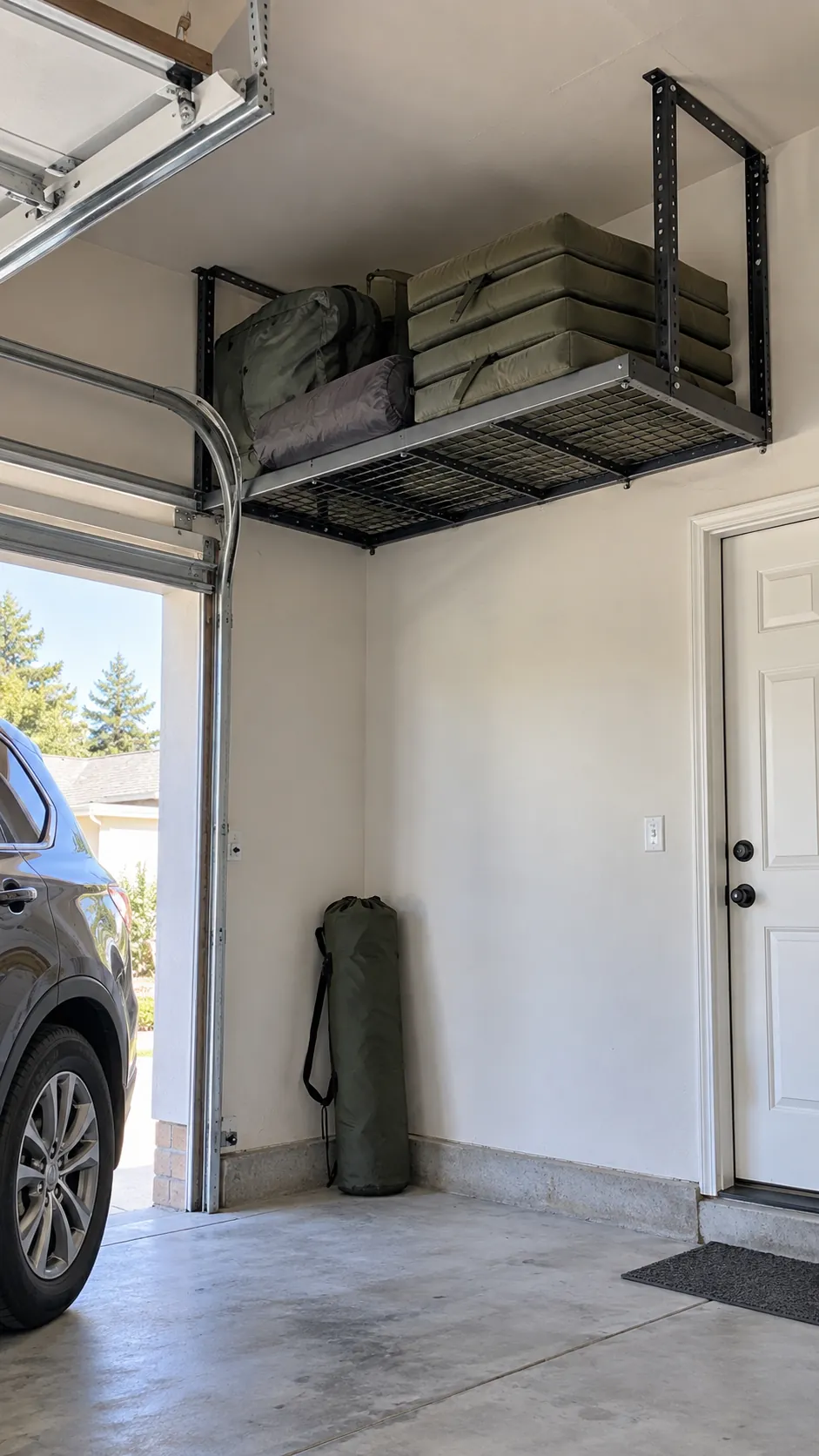 Overhead Rack for Light Bulky Items in an organized home garage