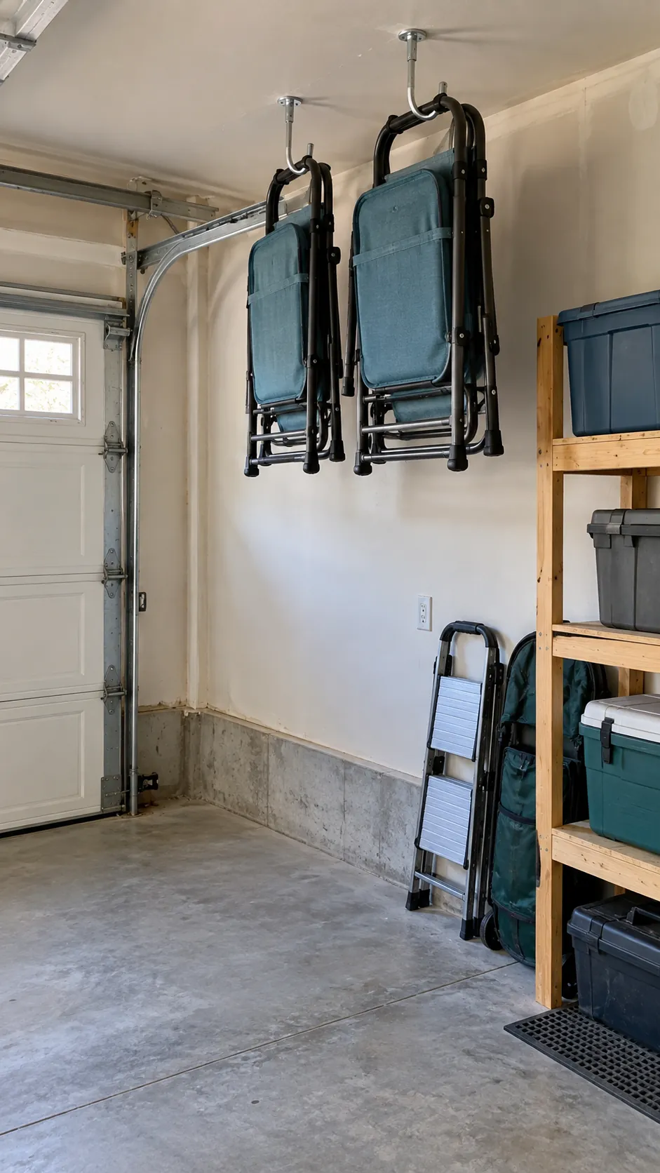 Ceiling Hooks for Folding Chairs in an organized home garage