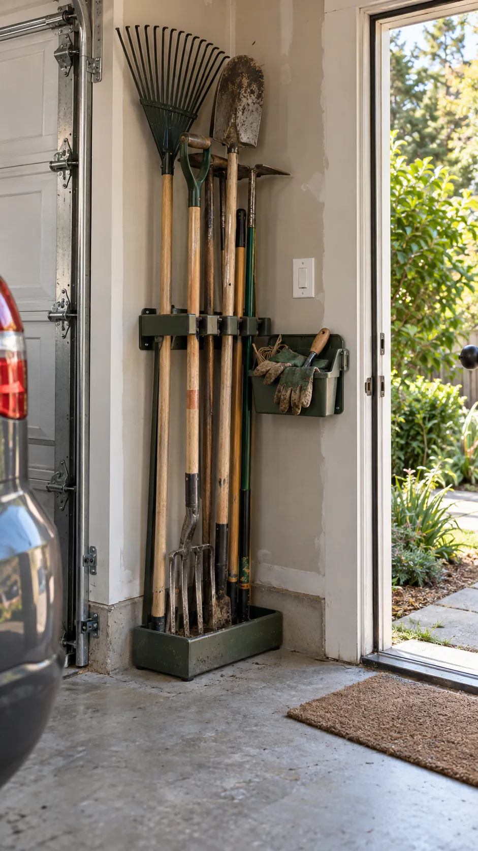 Garden Tool Corner in an organized home garage