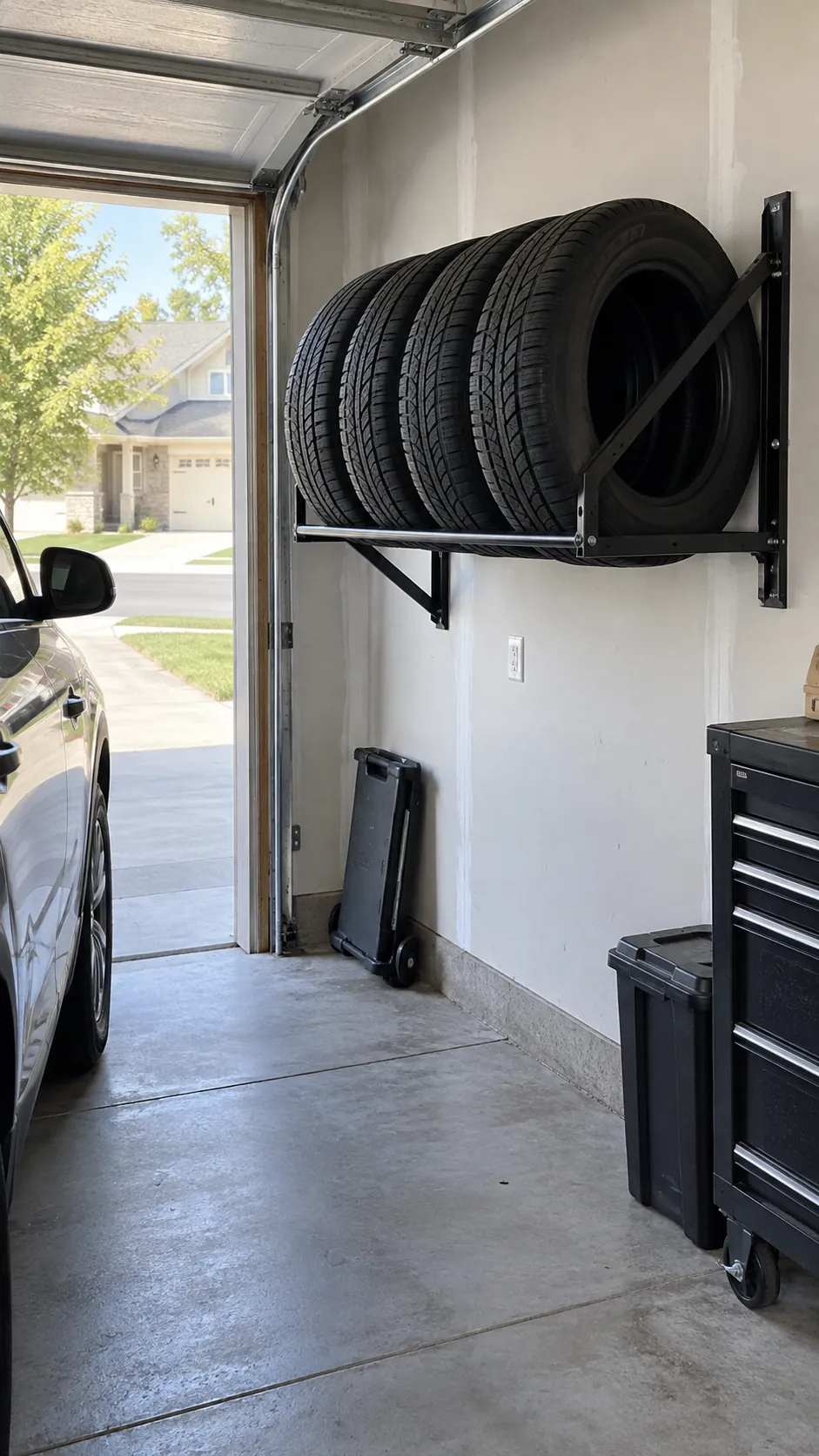 Tire Rack Along a Side Wall in an organized home garage