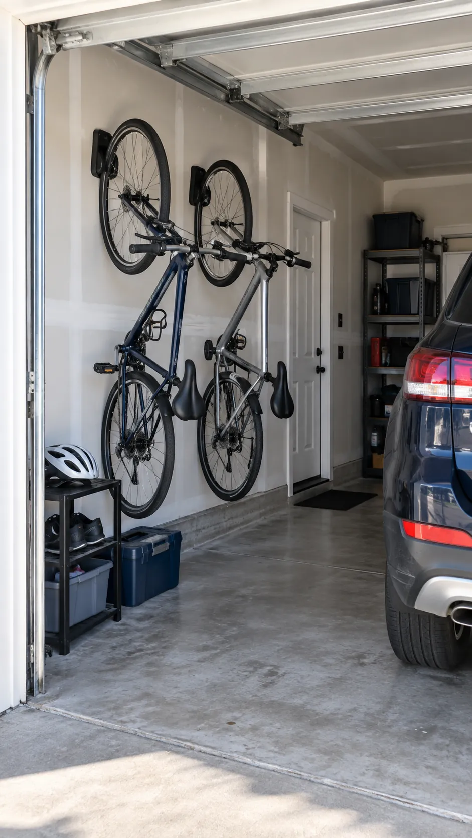 Vertical Bike Storage in an organized home garage